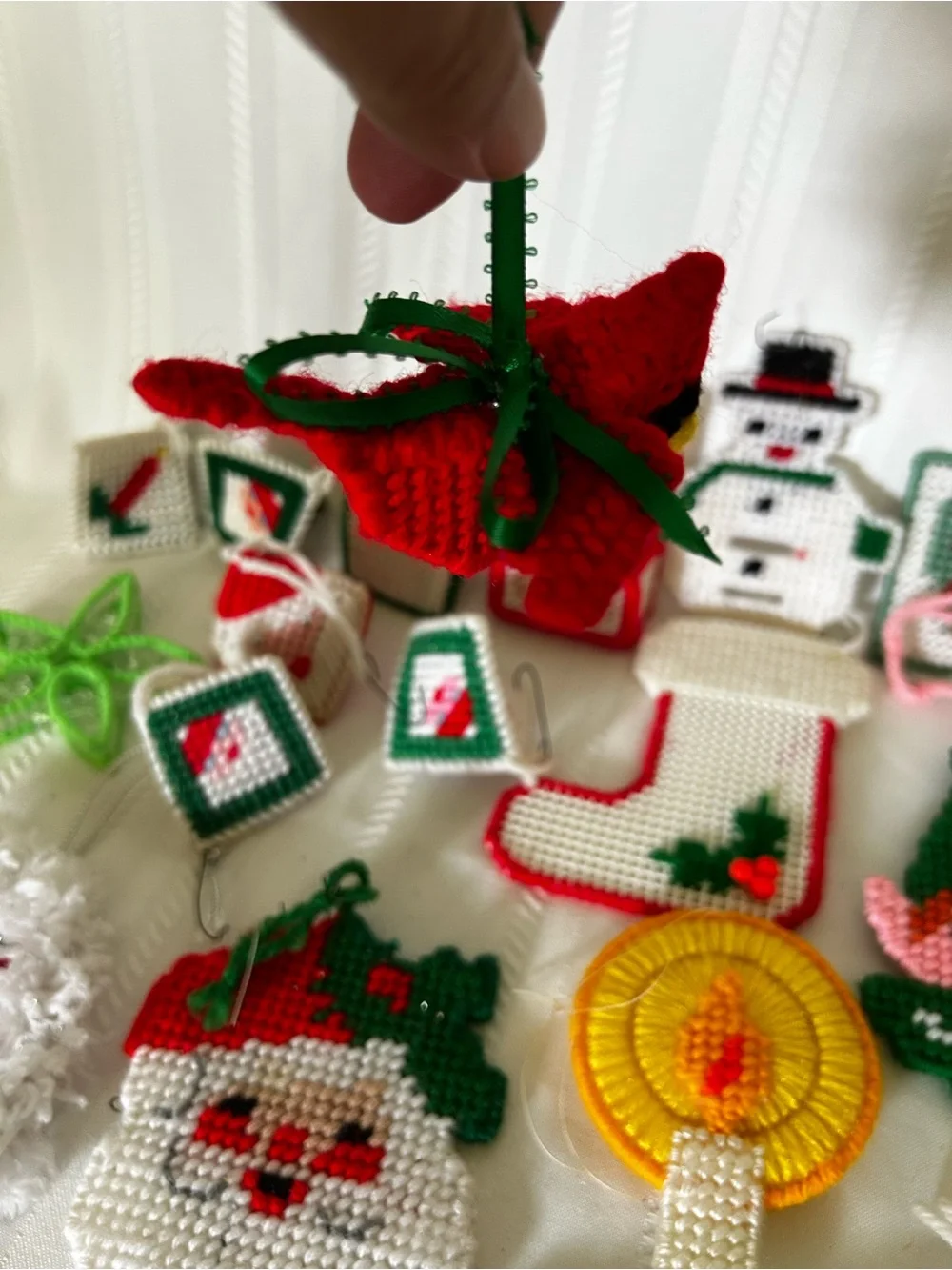 Vintage Plastic Canvas Christmas Ornament Set Santa Elf Angel Spice Box Candle